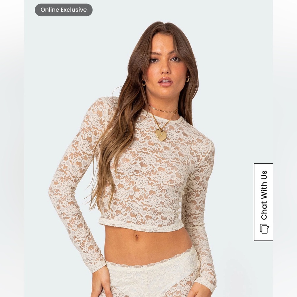 EDIKTED SHEER LONG SLEEVE LACE TOP CREAM COLOR